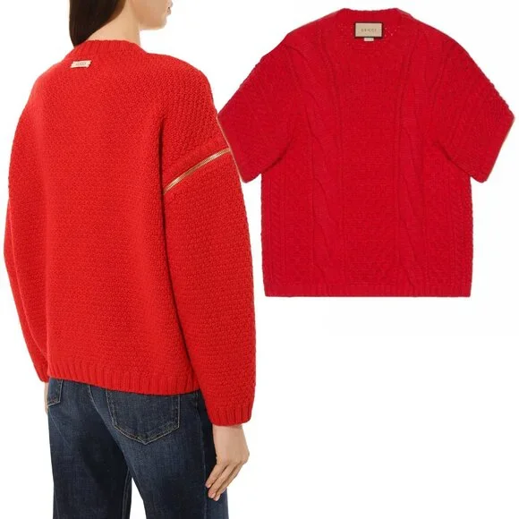 GUCCI SWEATER CABLE KNIT RED WOOL DETACHABLE SLEEVES JUMPER sz M - Picture 2 of 15